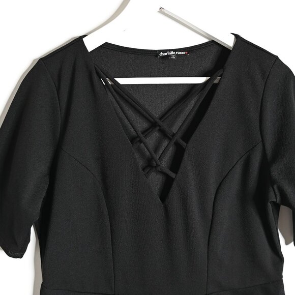 CHARLOTTE RUSSE Black V Neck Short Sleeve Criss Cross Dress - size 1X - Picture 3 of 10